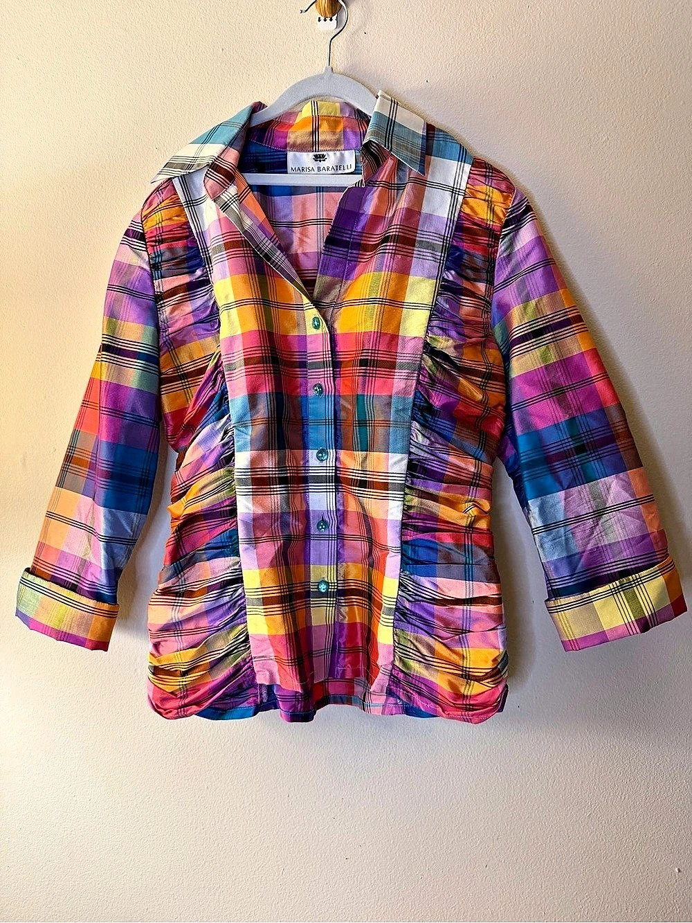 Marisa Baratelli 100% Thai Silk Plaid Ruched Button Up Blouse Top Women’s 6